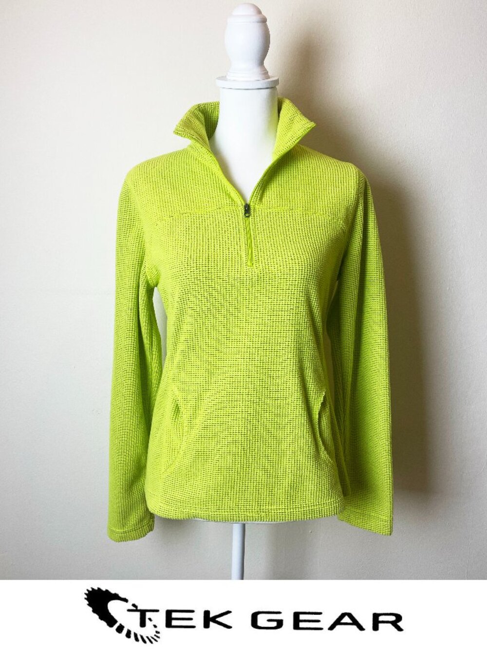 Tek Gear Brat Lime Green Waffle Knit 1/4 Zip Pullover Size Small Y2K Trend EUC